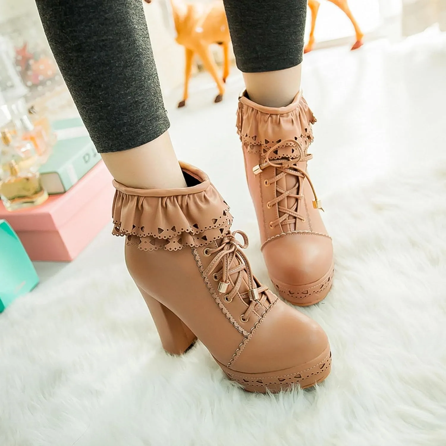 Womens Lolita Platform Lace Up Chunky High Heel Boots Zip Up