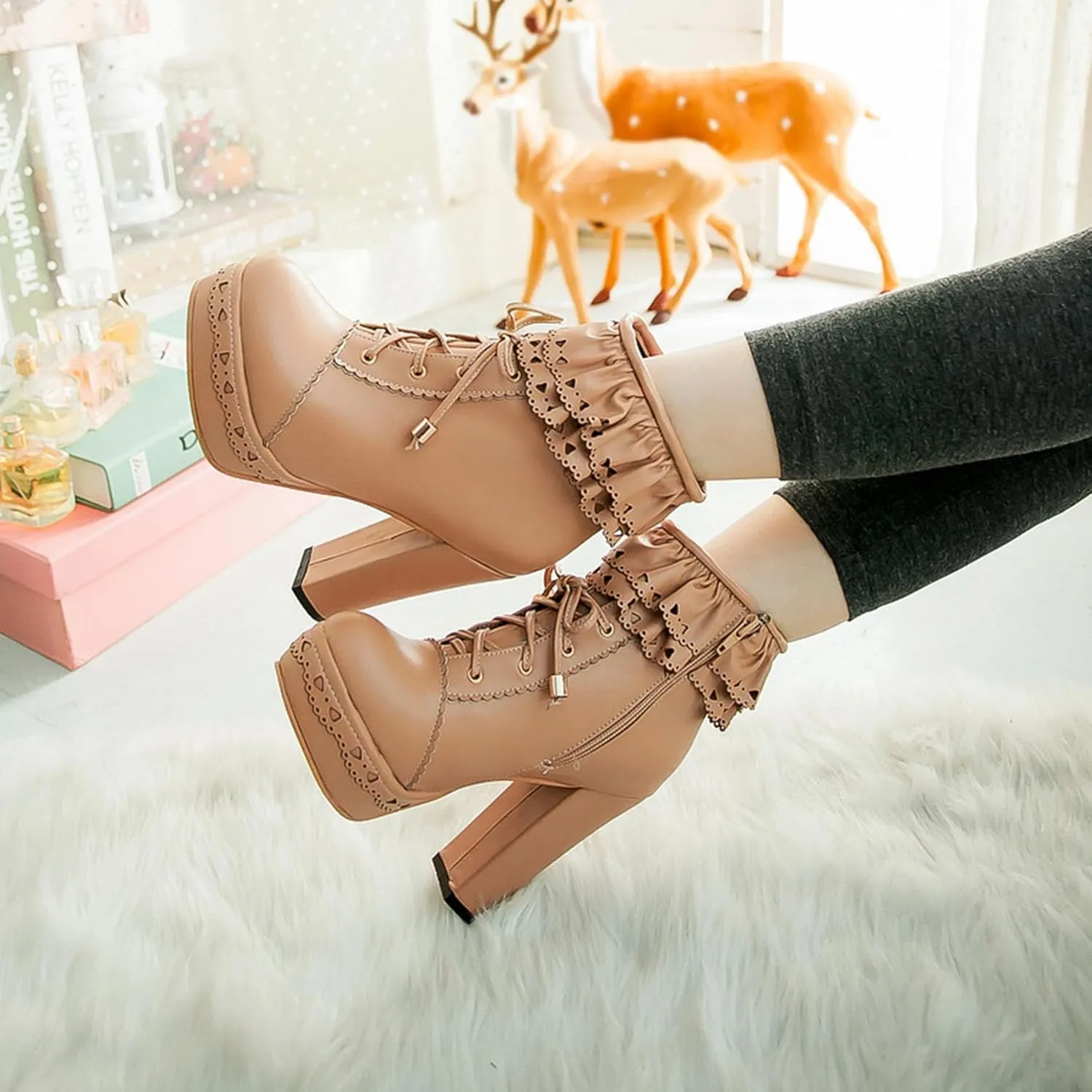 Womens Lolita Platform Lace Up Chunky High Heel Boots Zip Up