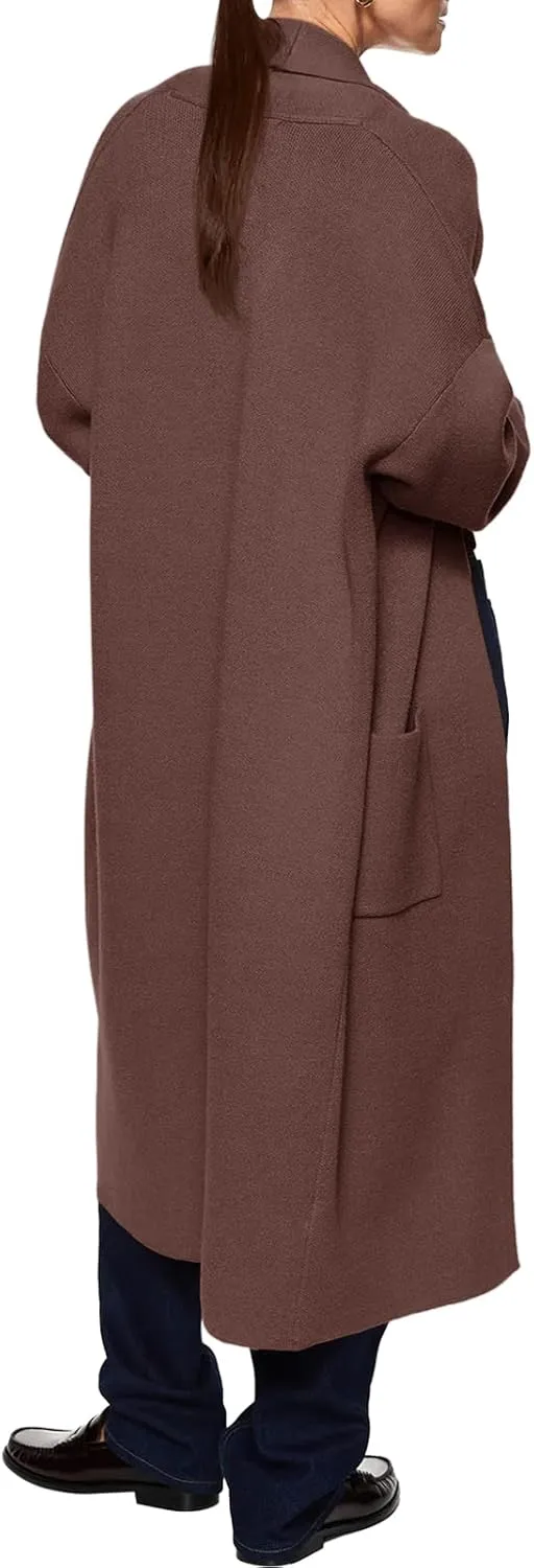 Womens Long Sleeve Maxi Cardigan Open Front Oversized Knitted Sweater Coat Casual Lapel Warm Overcoat with Pockets