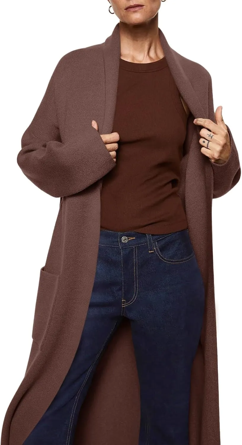 Womens Long Sleeve Maxi Cardigan Open Front Oversized Knitted Sweater Coat Casual Lapel Warm Overcoat with Pockets