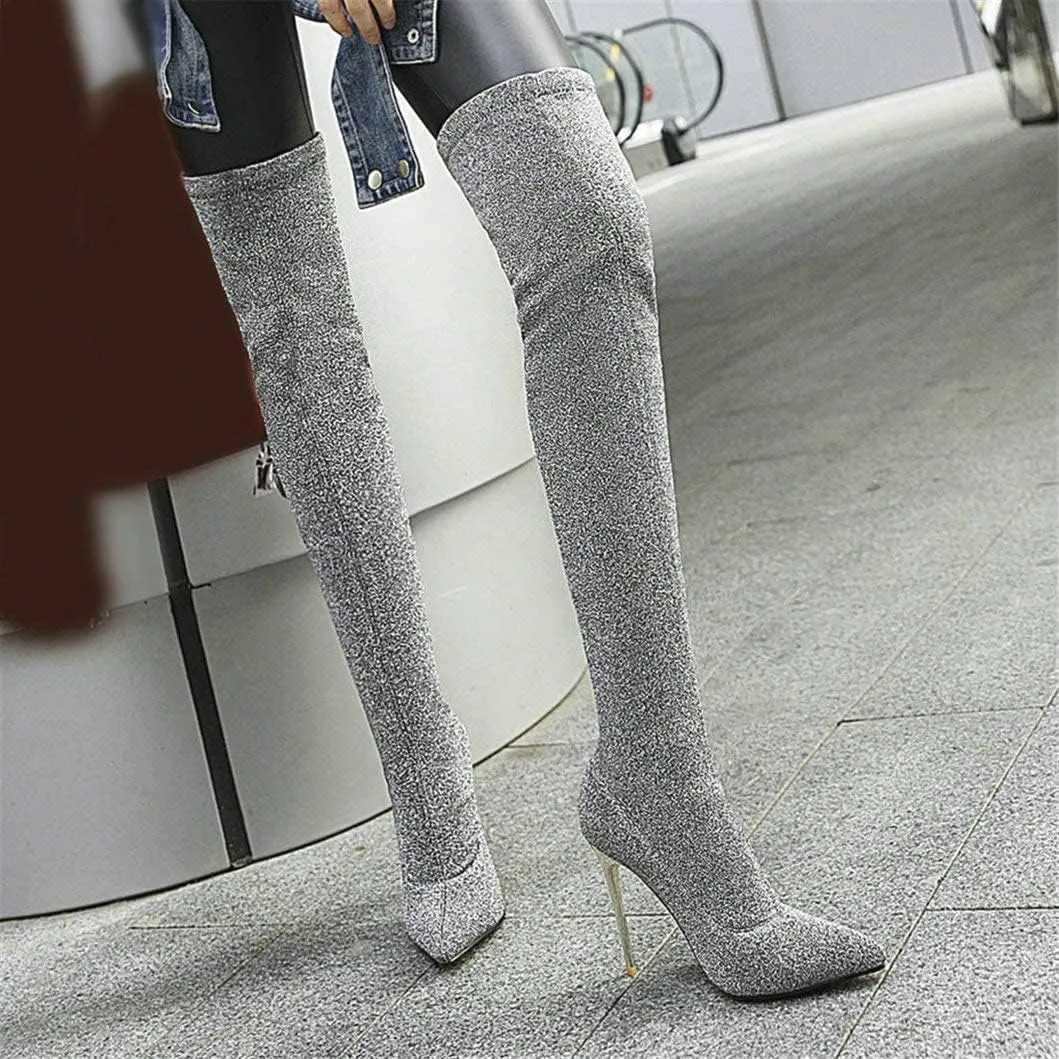 Womens Over The Knee Boots Stretch Thigh High Stiletto Heels Pointy Toe Boots