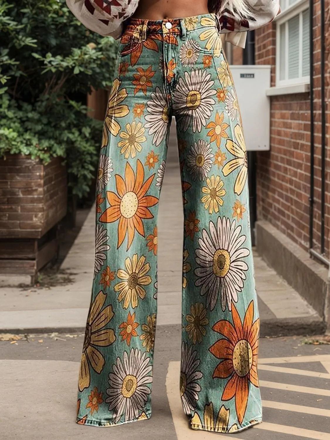 Womens Petite Flare Jeans Wide Leg Baggy Print Pants Vintage Boho Floral Low Waisted Straight Trousers with Pocket