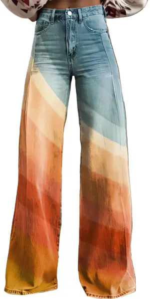 Womens Petite Flare Jeans Wide Leg Baggy Print Pants Vintage Boho Floral Low Waisted Straight Trousers with Pocket
