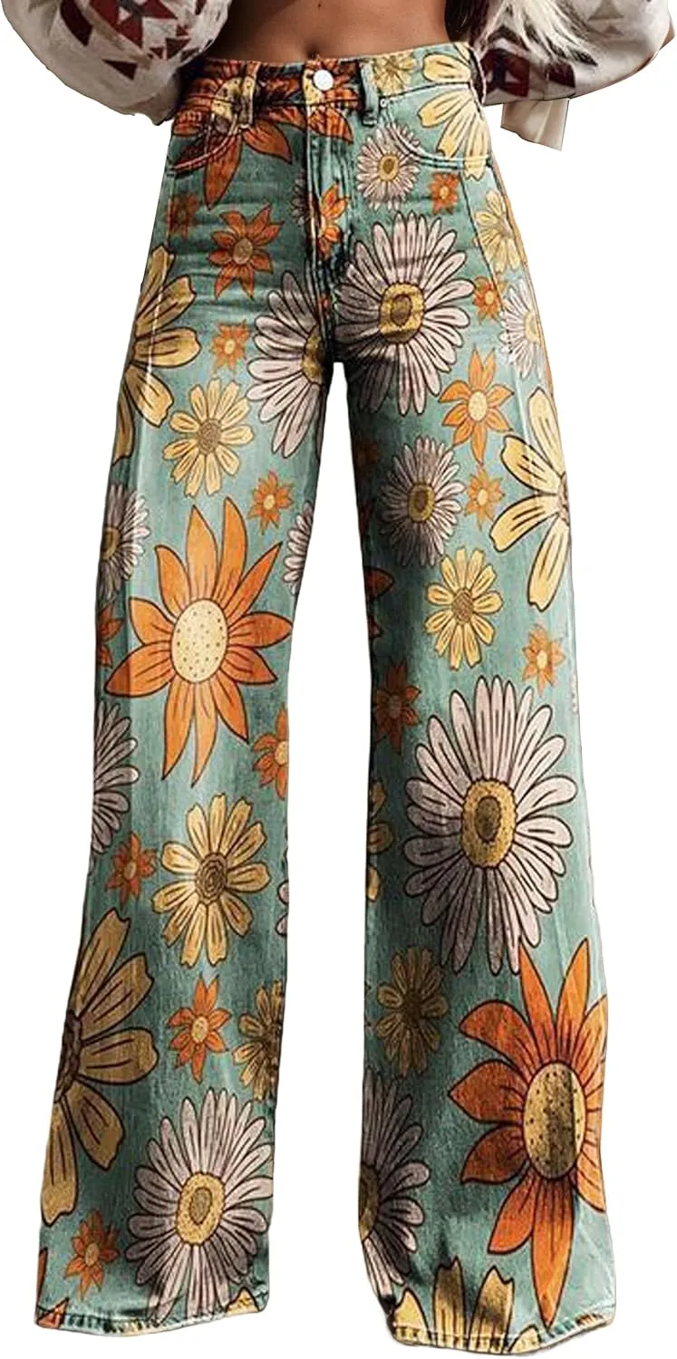 Womens Petite Flare Jeans Wide Leg Baggy Print Pants Vintage Boho Floral Low Waisted Straight Trousers with Pocket