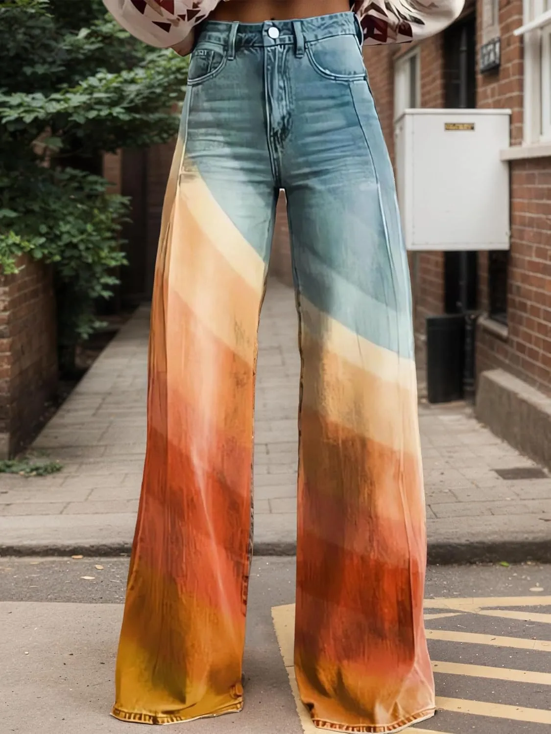 Womens Petite Flare Jeans Wide Leg Baggy Print Pants Vintage Boho Floral Low Waisted Straight Trousers with Pocket