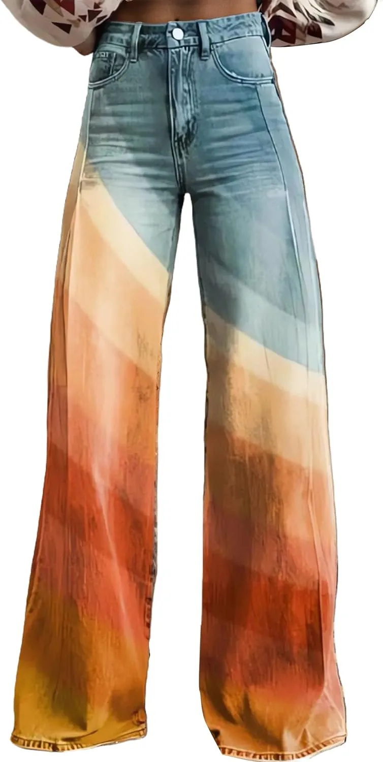 Womens Petite Flare Jeans Wide Leg Baggy Print Pants Vintage Boho Floral Low Waisted Straight Trousers with Pocket