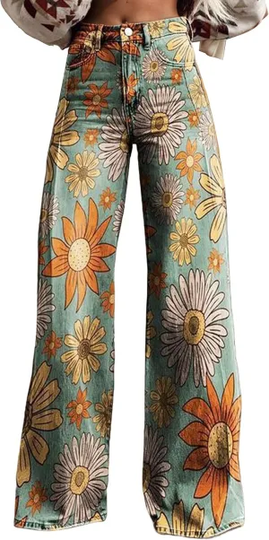 Womens Petite Flare Jeans Wide Leg Baggy Print Pants Vintage Boho Floral Low Waisted Straight Trousers with Pocket