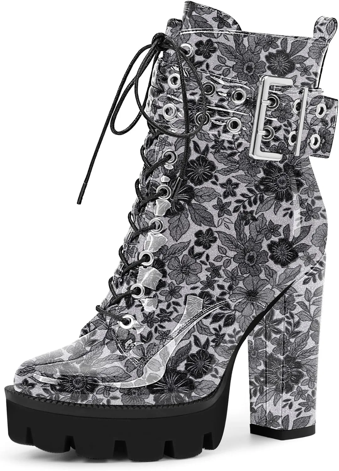 Women's Platform Chunky High Heel Ankle Boots Gothic Buckle Strap Lace Up Combat Booties