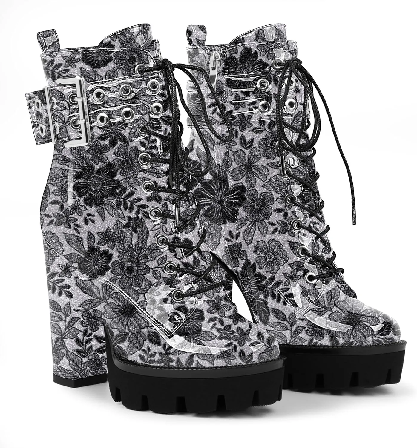 Women's Platform Chunky High Heel Ankle Boots Gothic Buckle Strap Lace Up Combat Booties