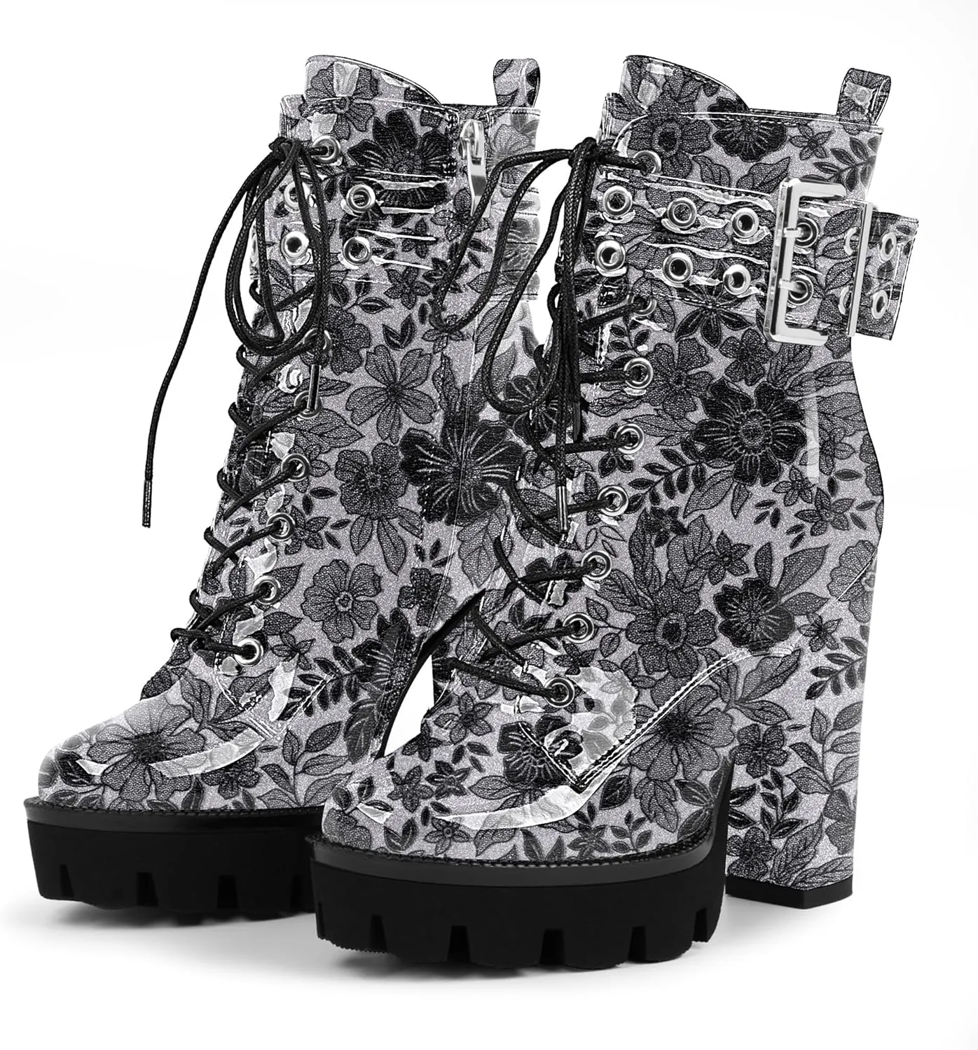 Women's Platform Chunky High Heel Ankle Boots Gothic Buckle Strap Lace Up Combat Booties