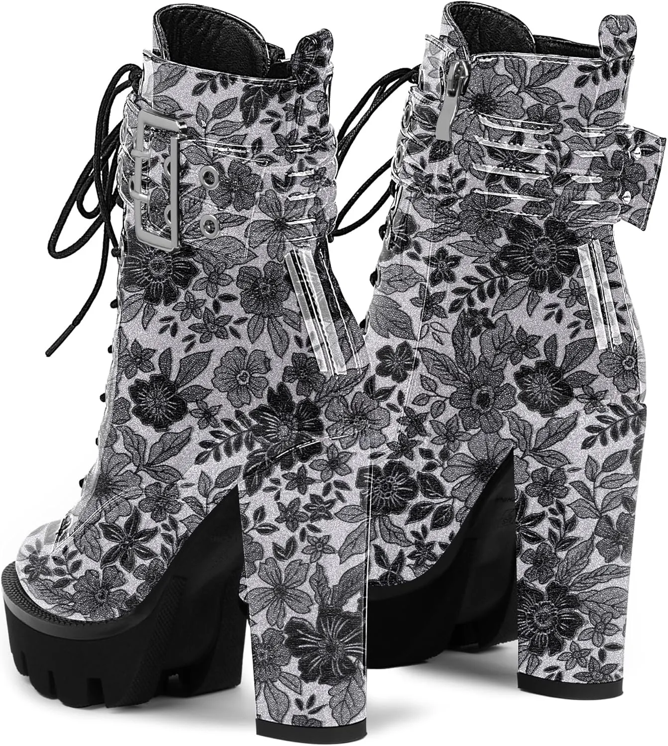 Women's Platform Chunky High Heel Ankle Boots Gothic Buckle Strap Lace Up Combat Booties