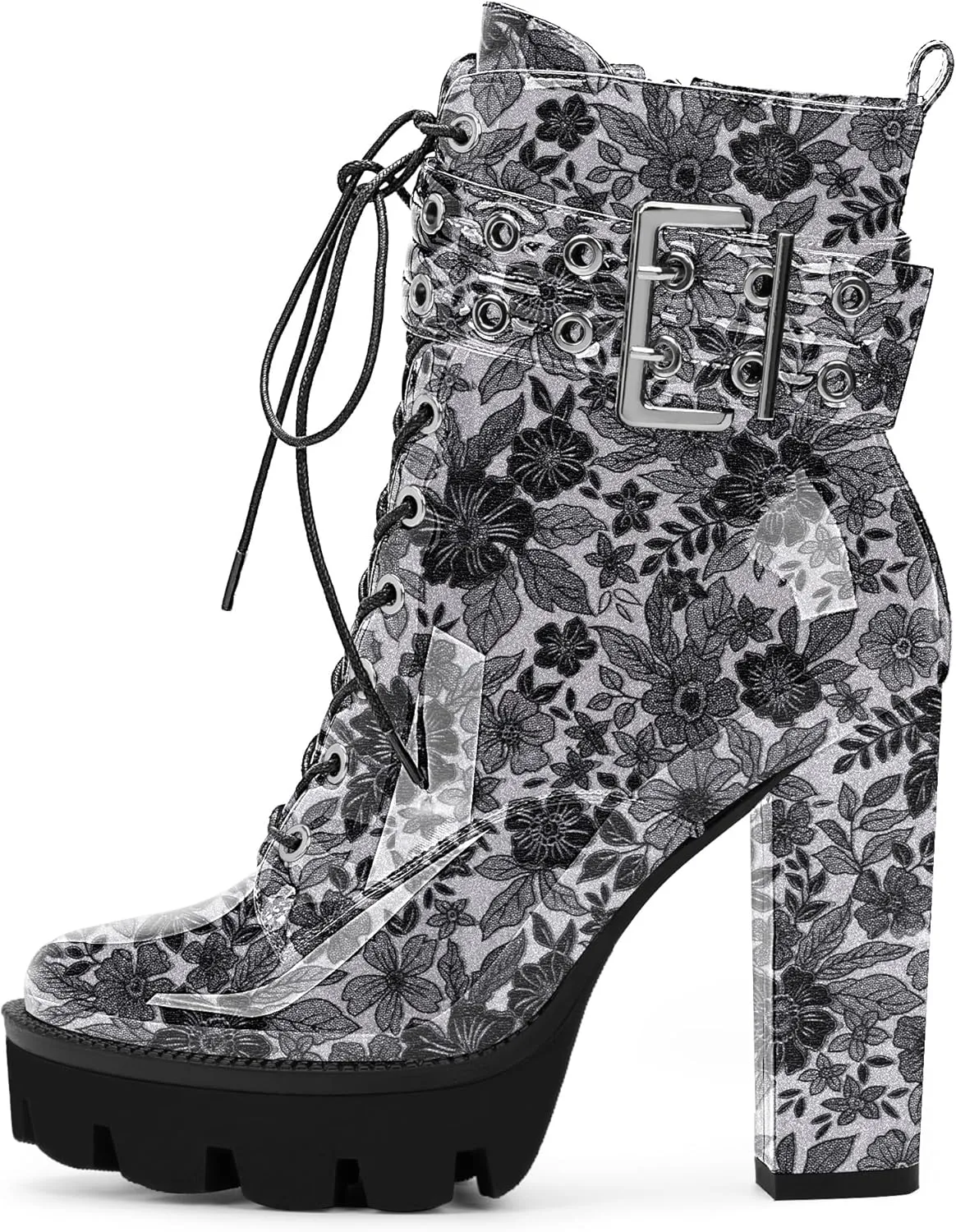 Women's Platform Chunky High Heel Ankle Boots Gothic Buckle Strap Lace Up Combat Booties
