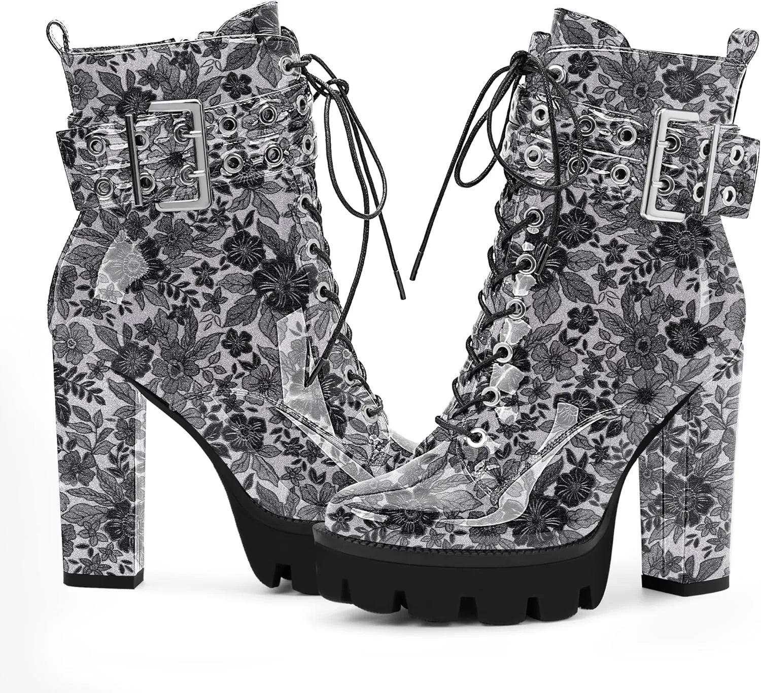 Women's Platform Chunky High Heel Ankle Boots Gothic Buckle Strap Lace Up Combat Booties