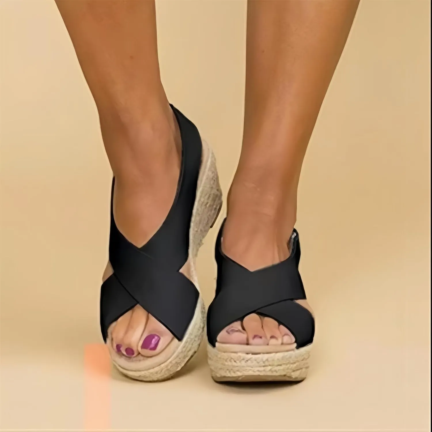 Women's Platform Espadilles Wedge Beach Sandals Summer Open Toe Ankle Strap Espadrille Low Slingback Criss Cross Comfortable Casual Brown Black Nude Wedges 2025 Slip On Shoes Espadrilles
