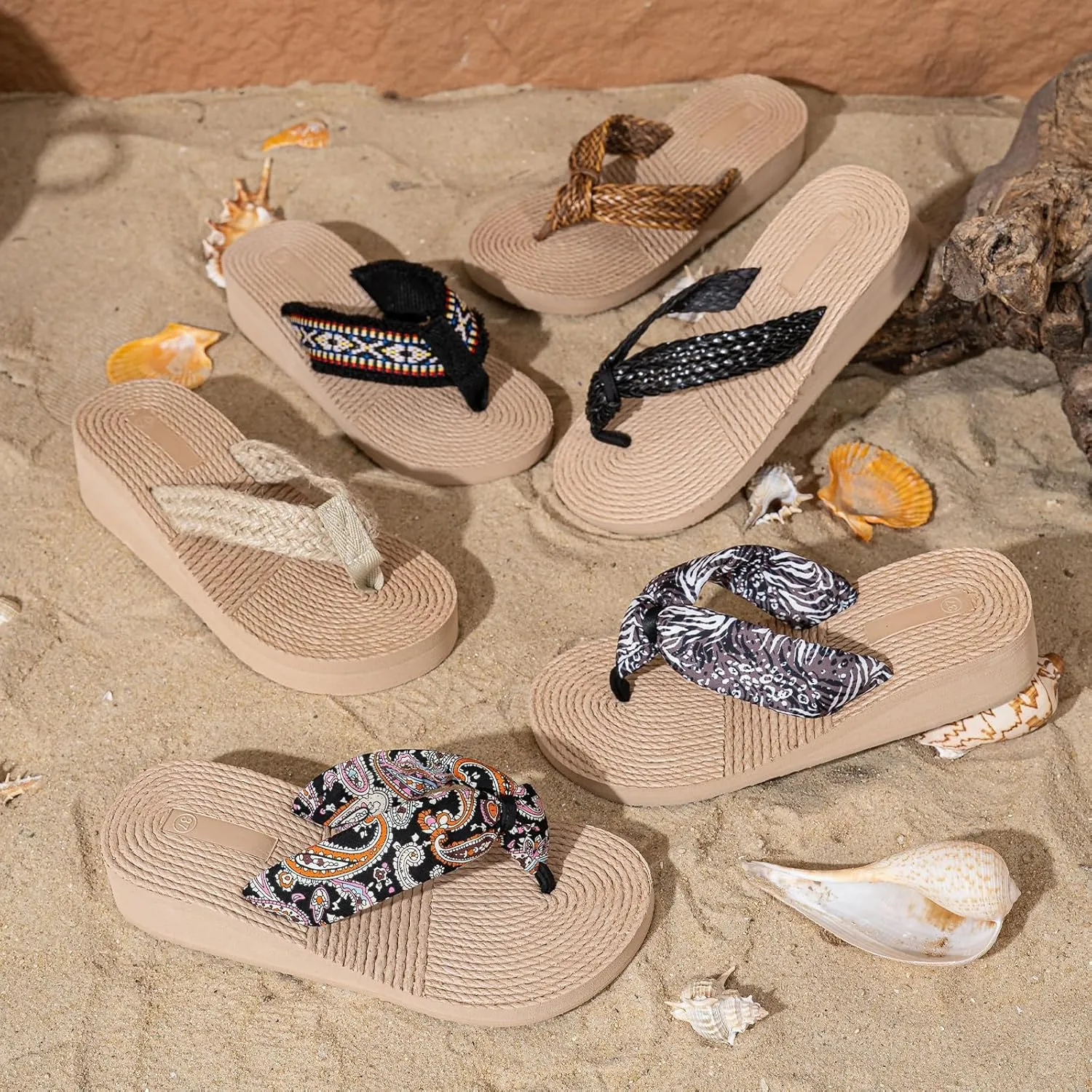 Women's platform flip flops slip-on high wedge sandals slippers comfortable braided straps arch support padded summer vacation flip flops sandals