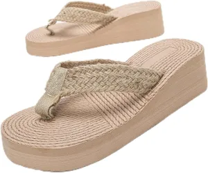 Women's platform flip flops slip-on high wedge sandals slippers comfortable braided straps arch support padded summer vacation flip flops sandals