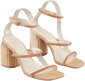 Women's Platform Heel Sandals Wicker Rhinestones Pumps Square Open Toed Sandals Square Chunky