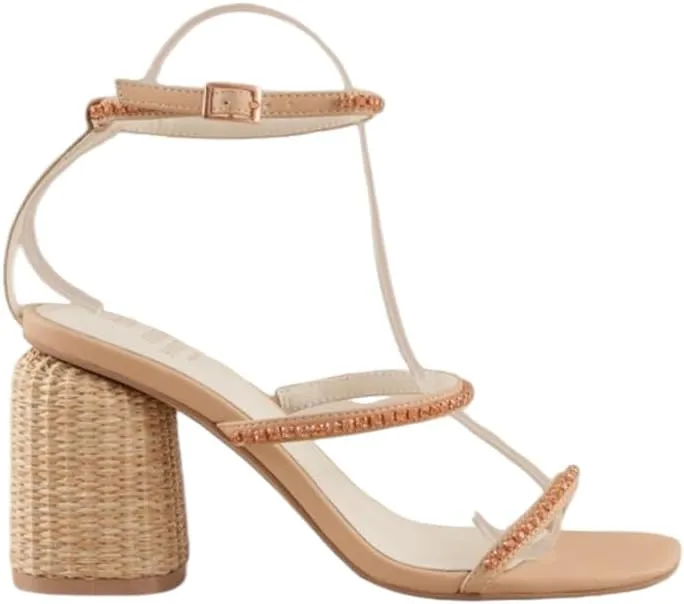Women's Platform Heel Sandals Wicker Rhinestones Pumps Square Open Toed Sandals Square Chunky