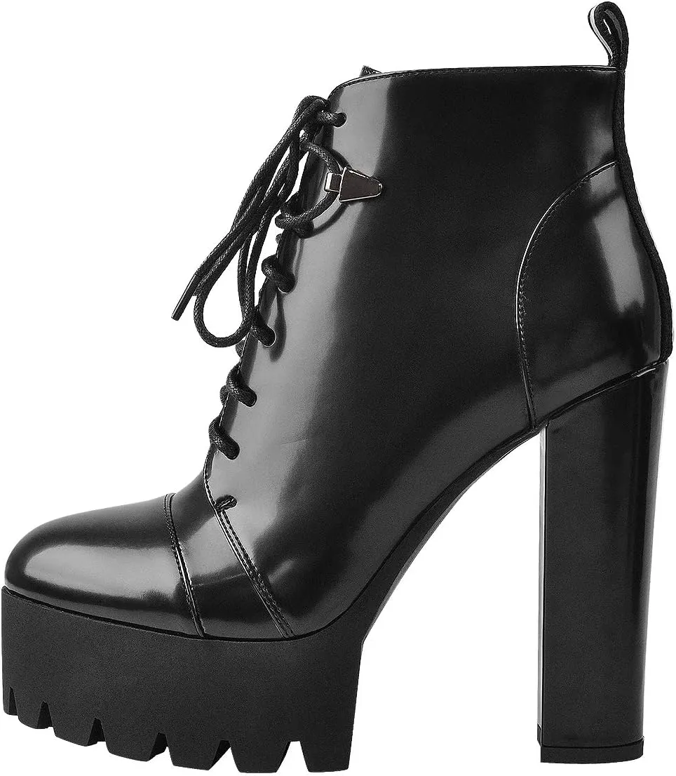 Women's Platform High Chunky Heel Leather Shoes Lace Up Side zipper Ankle Boots Fashion Autumn Winter Shoes