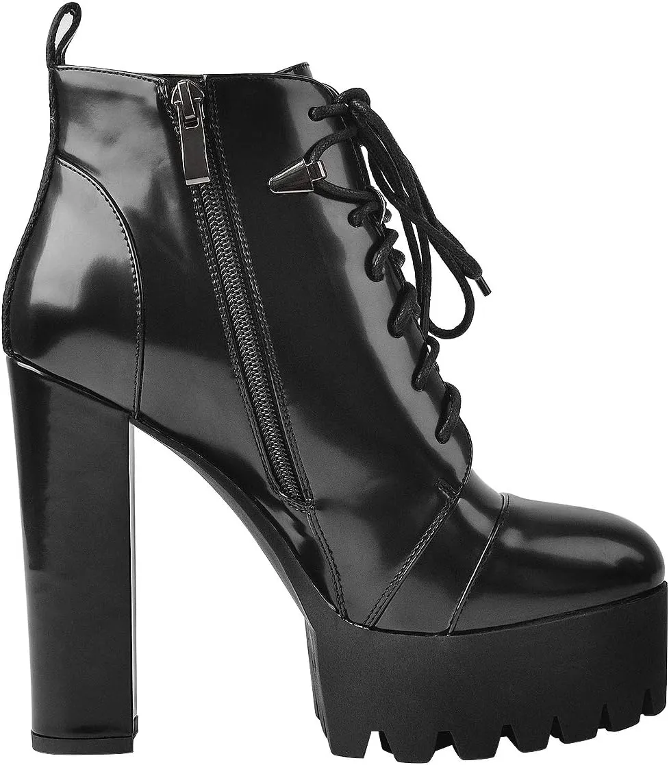 Women's Platform High Chunky Heel Leather Shoes Lace Up Side zipper Ankle Boots Fashion Autumn Winter Shoes