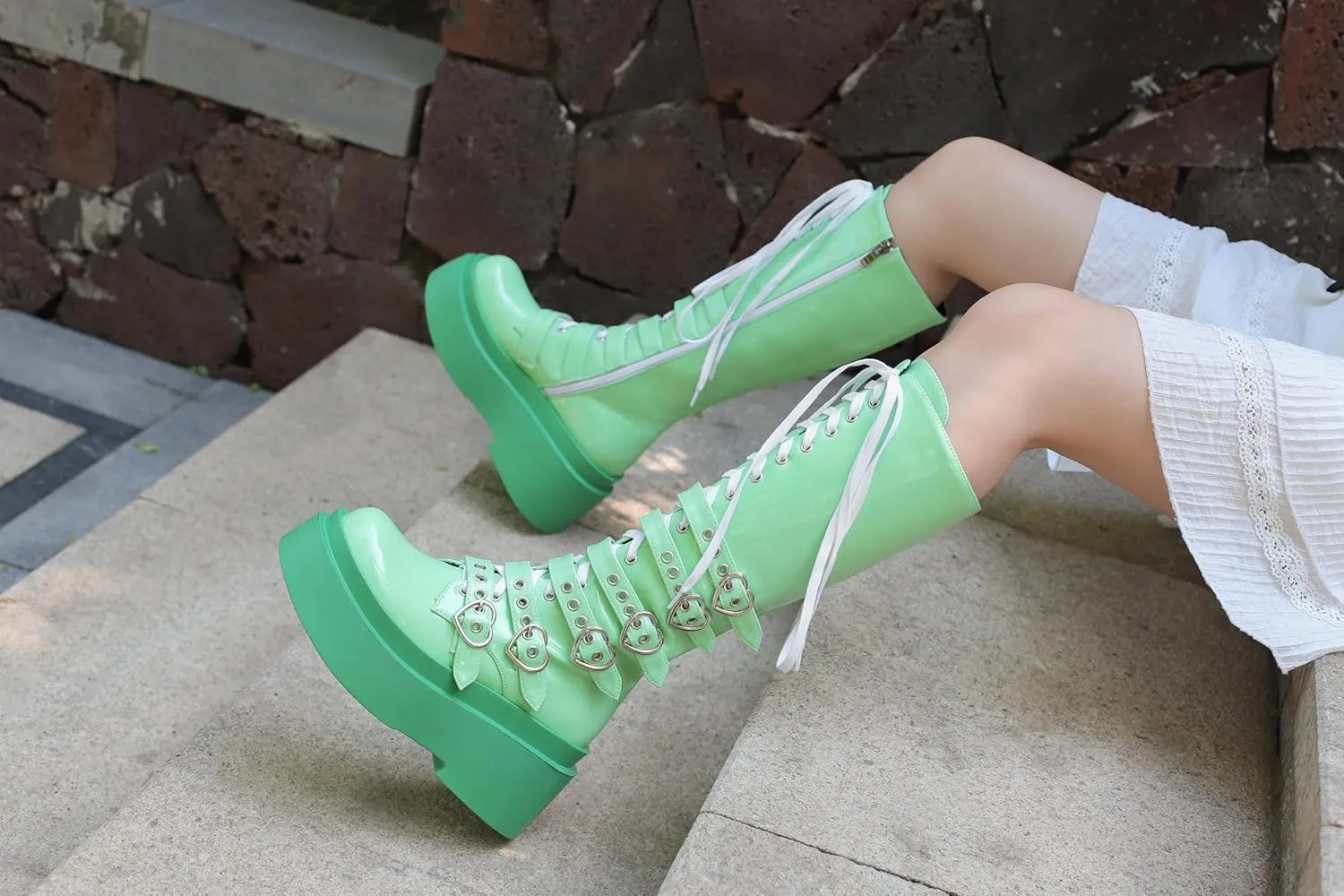 Women's Platform Knee High Boots Chunky Heel Lace-Up Waterproof Combat Punk Goth Motorcycle Boots Square Toe Anti-Slip Stylish Boots