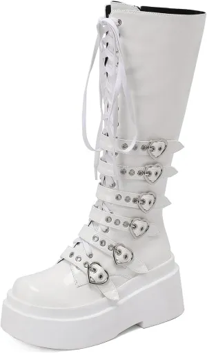 Women's Platform Knee High Boots Chunky Heel Lace-Up Waterproof Combat Punk Goth Motorcycle Boots Square Toe Anti-Slip Stylish Boots
