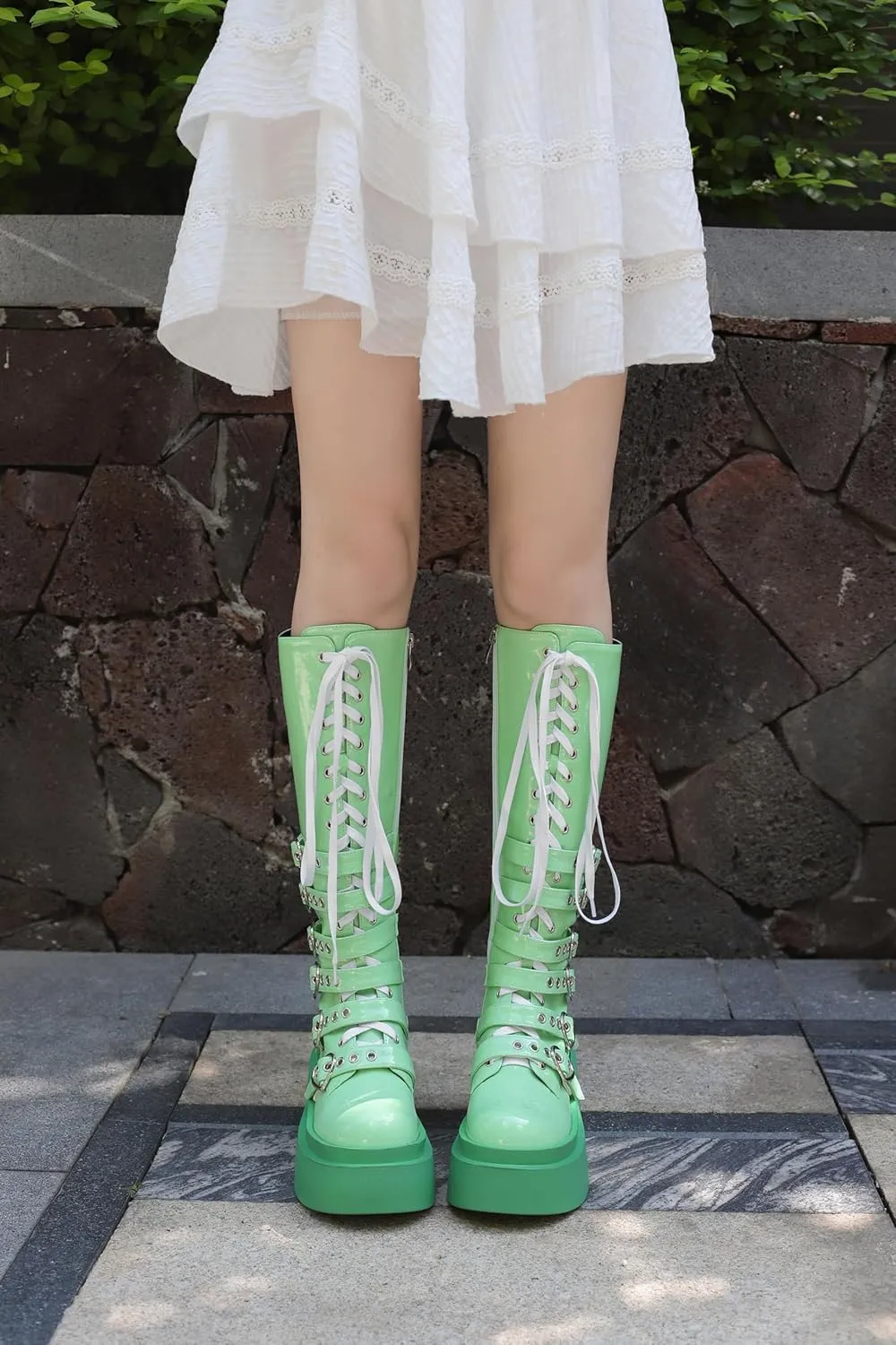 Women's Platform Knee High Boots Chunky Heel Lace-Up Waterproof Combat Punk Goth Motorcycle Boots Square Toe Anti-Slip Stylish Boots
