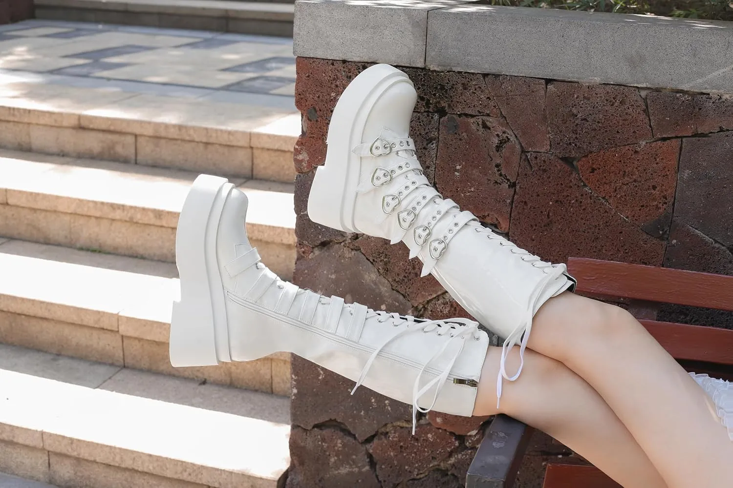 Women's Platform Knee High Boots Chunky Heel Lace-Up Waterproof Combat Punk Goth Motorcycle Boots Square Toe Anti-Slip Stylish Boots