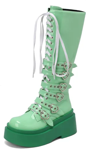 Women's Platform Knee High Boots Chunky Heel Lace-Up Waterproof Combat Punk Goth Motorcycle Boots Square Toe Anti-Slip Stylish Boots