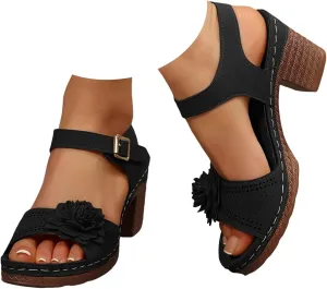 Women's Platform Wedge Sandals Solid Color One Strap Casual Hollow Out Floral Decor Chunky Heeled Sandals Stylish Lightweight Platform Wedge Sandals Summer Fashion Footwear