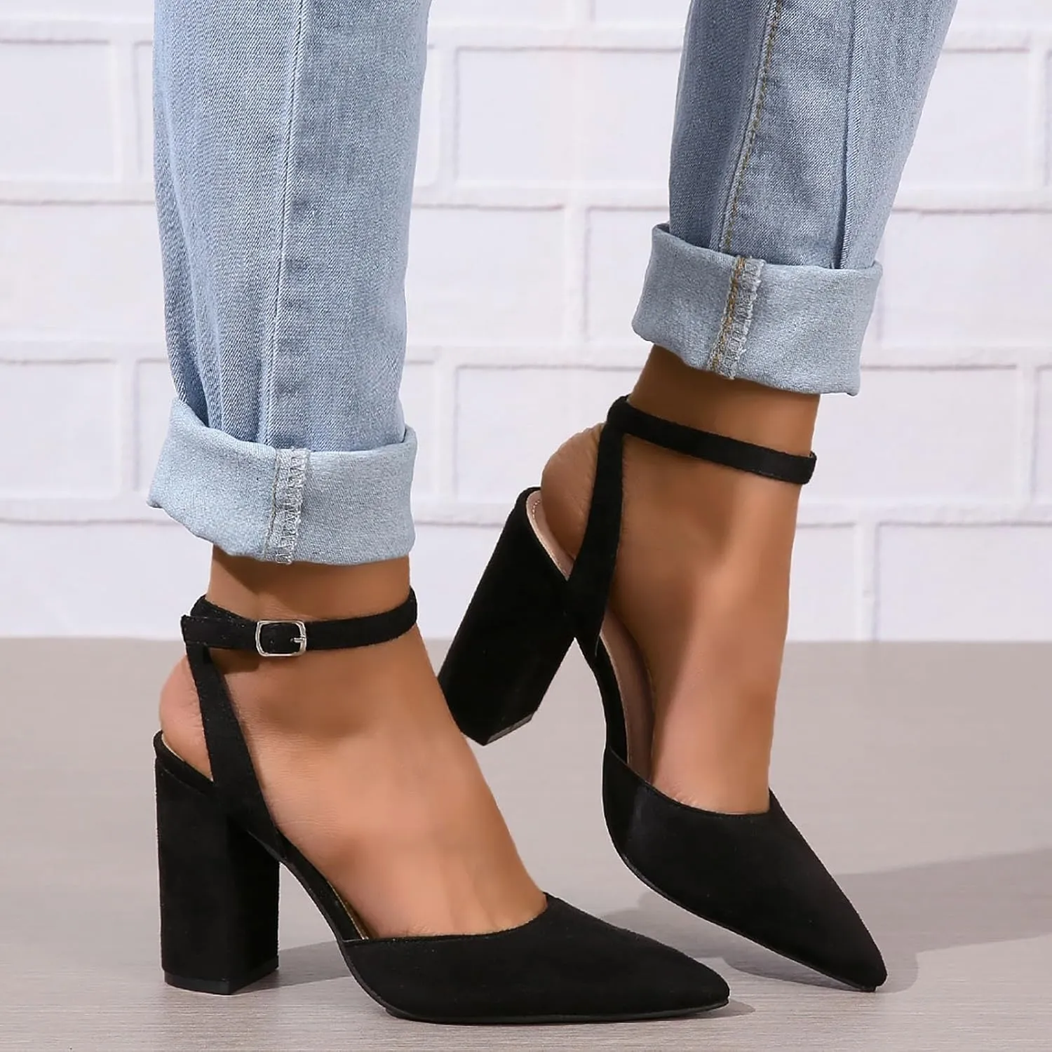 Women's Pointed Toe Chunky High Heels Sandals 2025 Solid Color Casual Backless Closed Toe Adjustable Ankle Strap Sandals Lace Up Beach Vacation Walking Wedding Party Dress Footwear