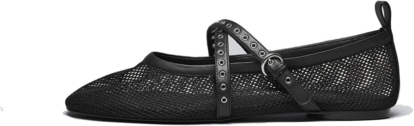 Women's Raffia Ballet Flats Round Toe Studs Strap Mesh Mary Janes Shoes Comfort Casual Flat Shoe for Women