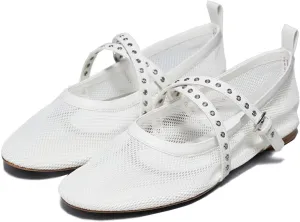 Women's Raffia Ballet Flats Round Toe Studs Strap Mesh Mary Janes Shoes Comfort Casual Flat Shoe for Women