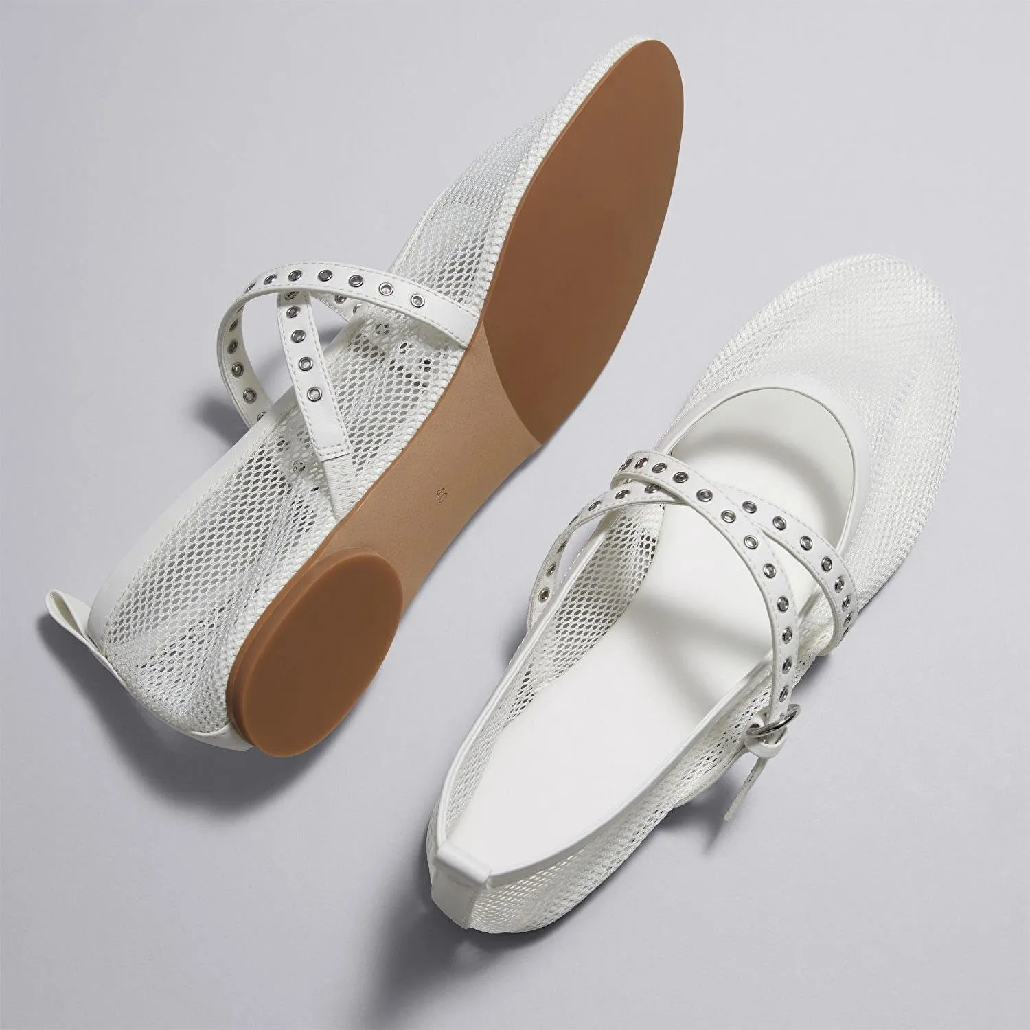 Women's Raffia Ballet Flats Round Toe Studs Strap Mesh Mary Janes Shoes Comfort Casual Flat Shoe for Women
