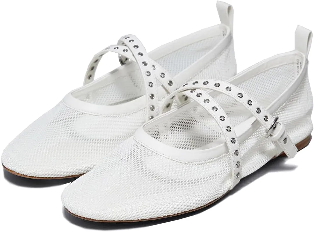 Women's Raffia Ballet Flats Round Toe Studs Strap Mesh Mary Janes Shoes Comfort Casual Flat Shoe for Women
