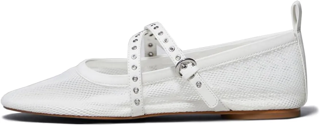 Women's Raffia Ballet Flats Round Toe Studs Strap Mesh Mary Janes Shoes Comfort Casual Flat Shoe for Women