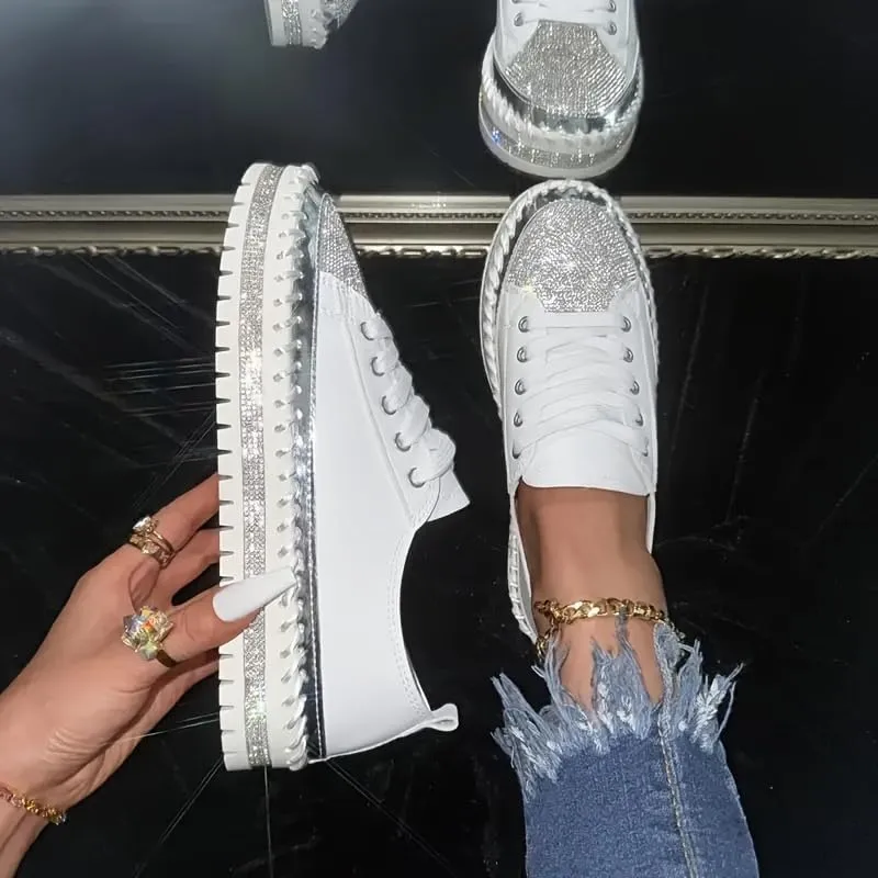 Women’s Rhinestone Decor Sneakers - Plus Size Casual Lace-Up Outdoor Low Top Shoes | Stylish & Comfortable Everyday Footwear