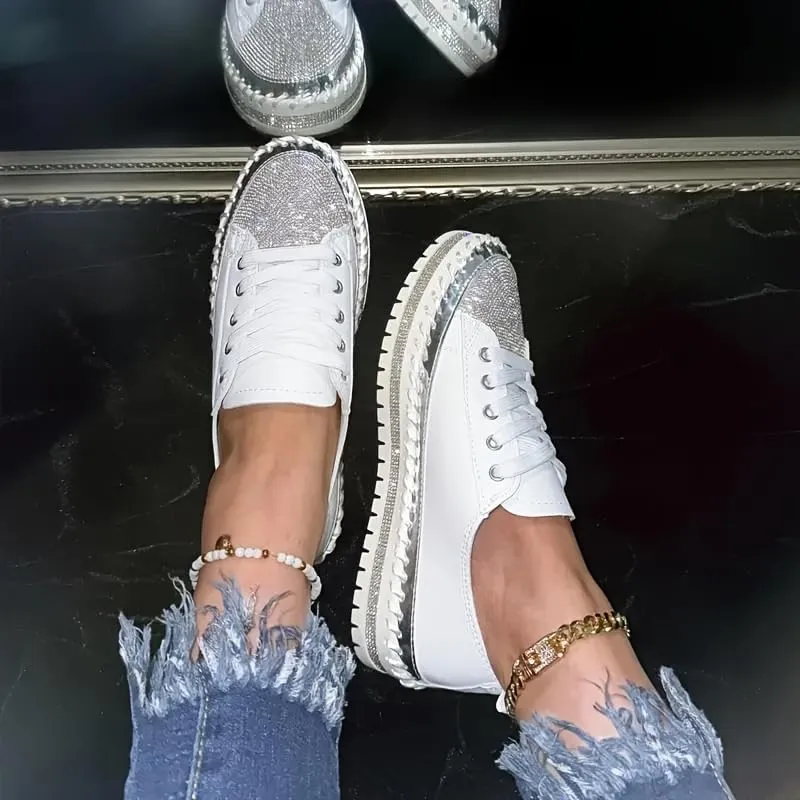 Women’s Rhinestone Decor Sneakers - Plus Size Casual Lace-Up Outdoor Low Top Shoes | Stylish & Comfortable Everyday Footwear