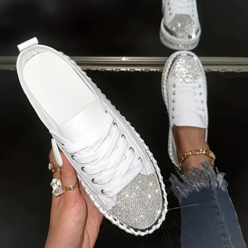Women’s Rhinestone Decor Sneakers - Plus Size Casual Lace-Up Outdoor Low Top Shoes | Stylish & Comfortable Everyday Footwear