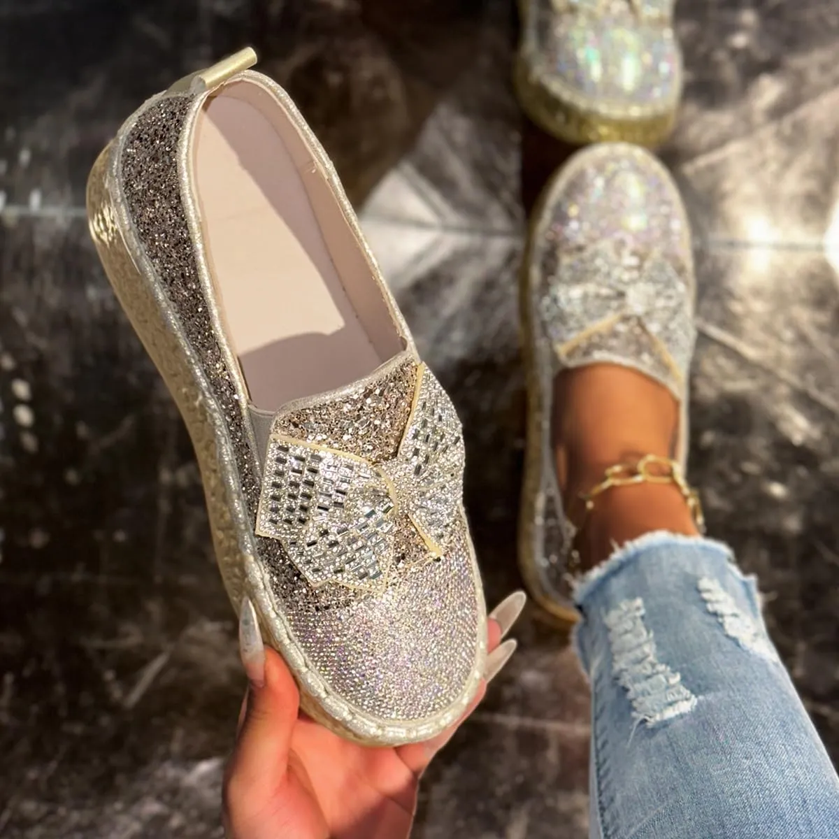 Women's Rhinestones Glitter Bow Platform Sneaker,Fashion Round Toe Closed Toe Slip-on Comfy Sneaker Casual Flat Loafers