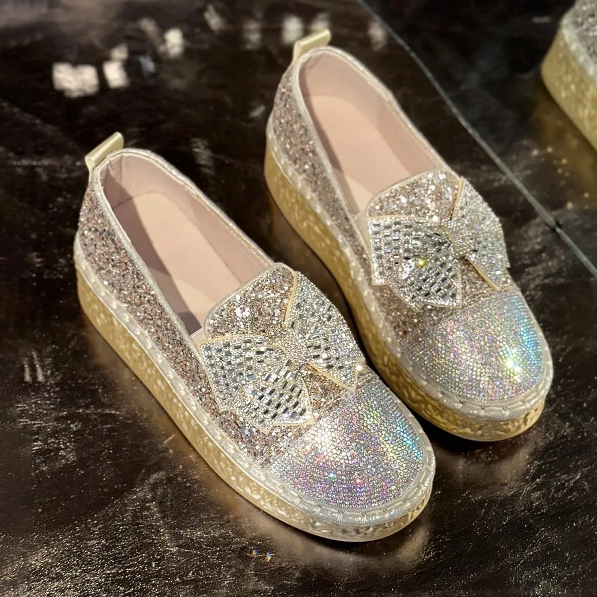 Women's Rhinestones Glitter Bow Platform Sneaker,Fashion Round Toe Closed Toe Slip-on Comfy Sneaker Casual Flat Loafers