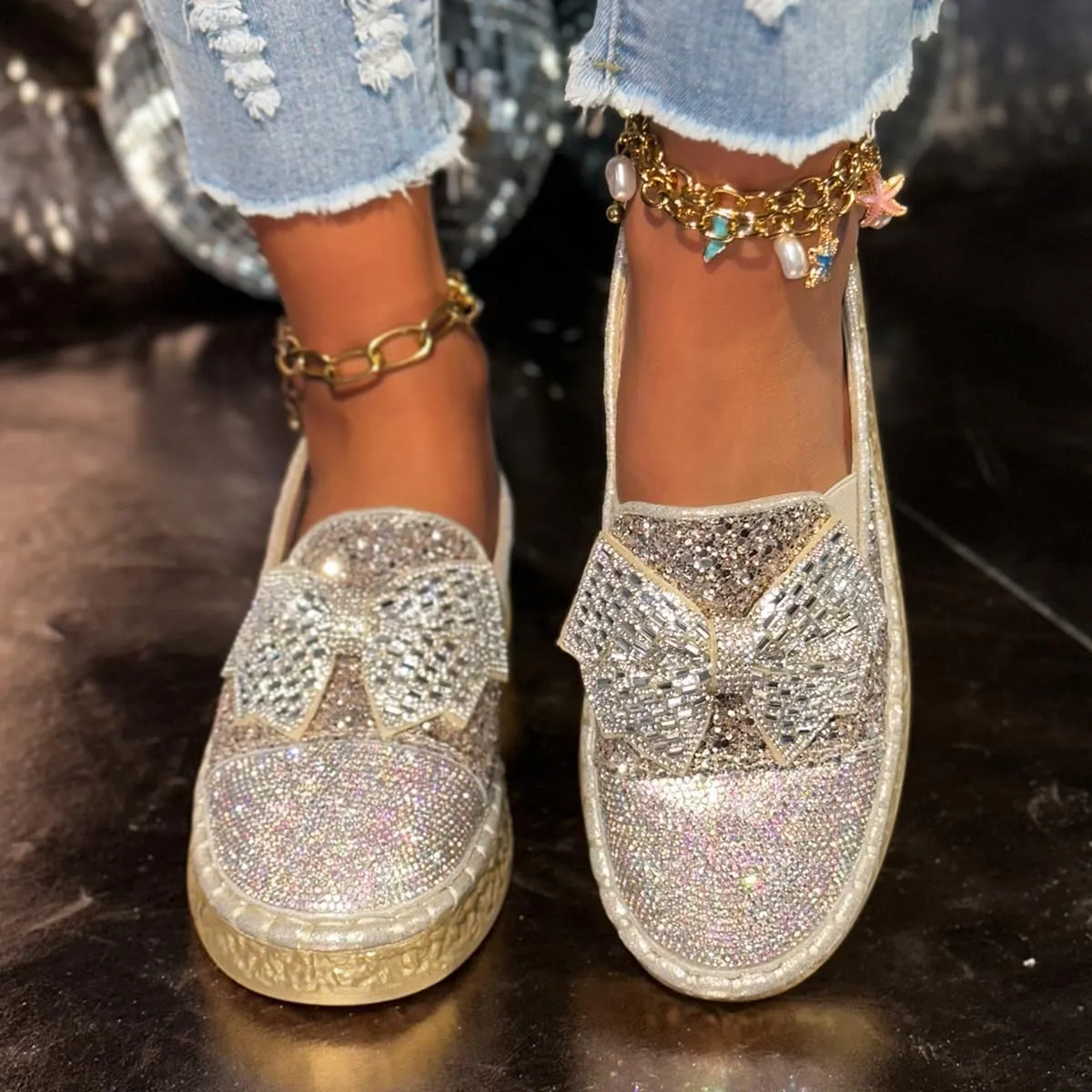 Women's Rhinestones Glitter Bow Platform Sneaker,Fashion Round Toe Closed Toe Slip-on Comfy Sneaker Casual Flat Loafers