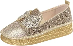 Women's Rhinestones Glitter Bow Platform Sneaker,Fashion Round Toe Closed Toe Slip-on Comfy Sneaker Casual Flat Loafers