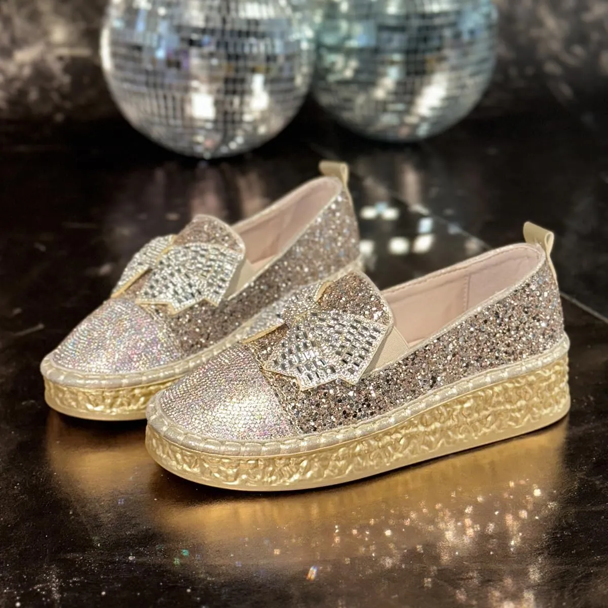 Women's Rhinestones Glitter Bow Platform Sneaker,Fashion Round Toe Closed Toe Slip-on Comfy Sneaker Casual Flat Loafers