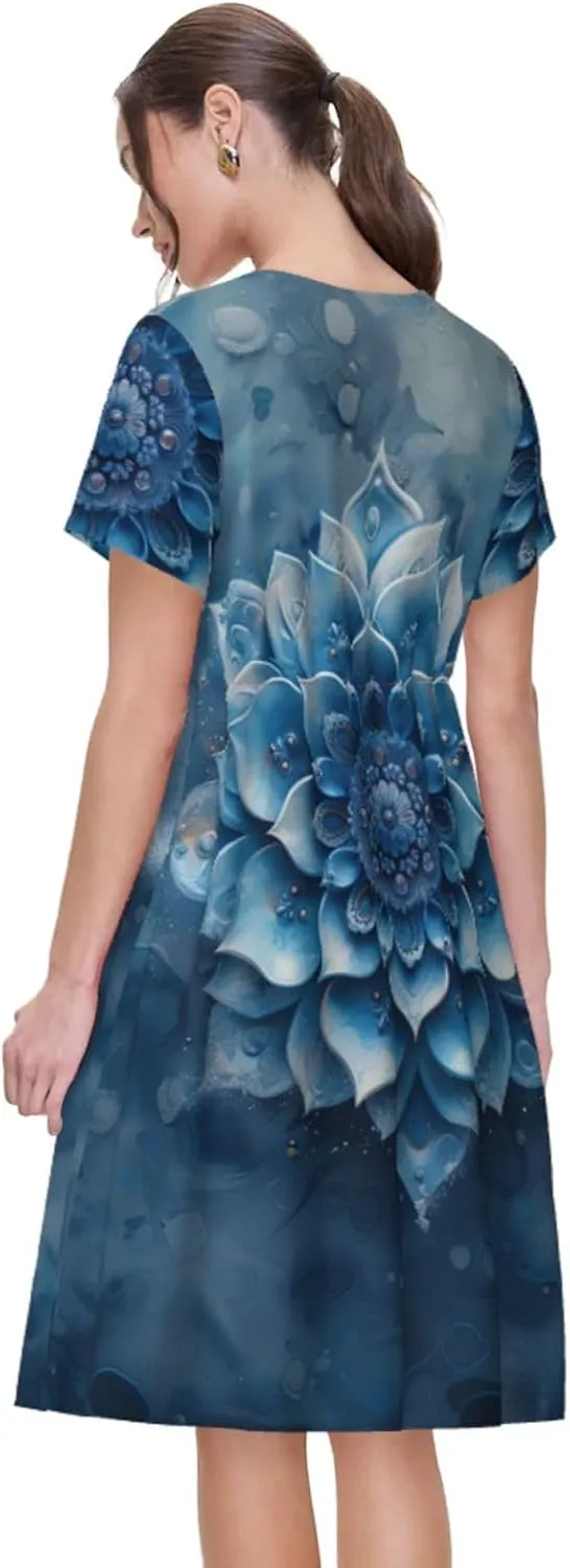 Women's Short Sleeve Round Neck marbling Print A-Line Summer Casual Dress with Pockets,