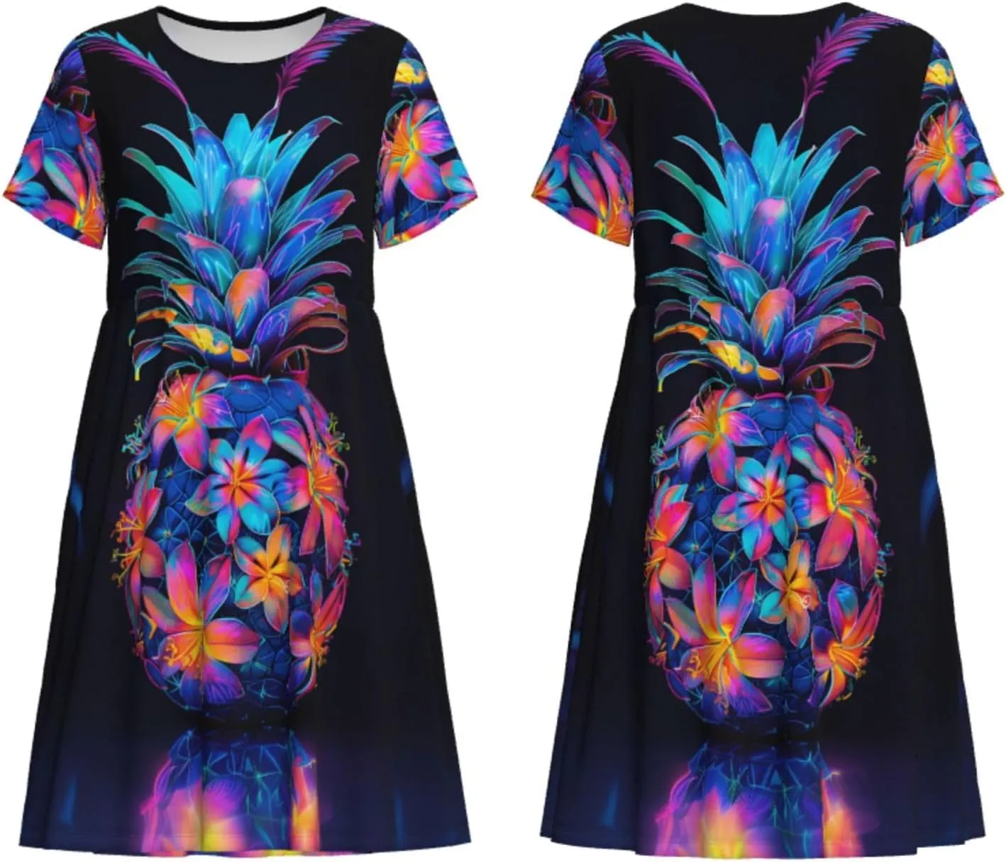 Women's Short Sleeve Round Neck marbling Print A-Line Summer Casual Dress with Pockets,