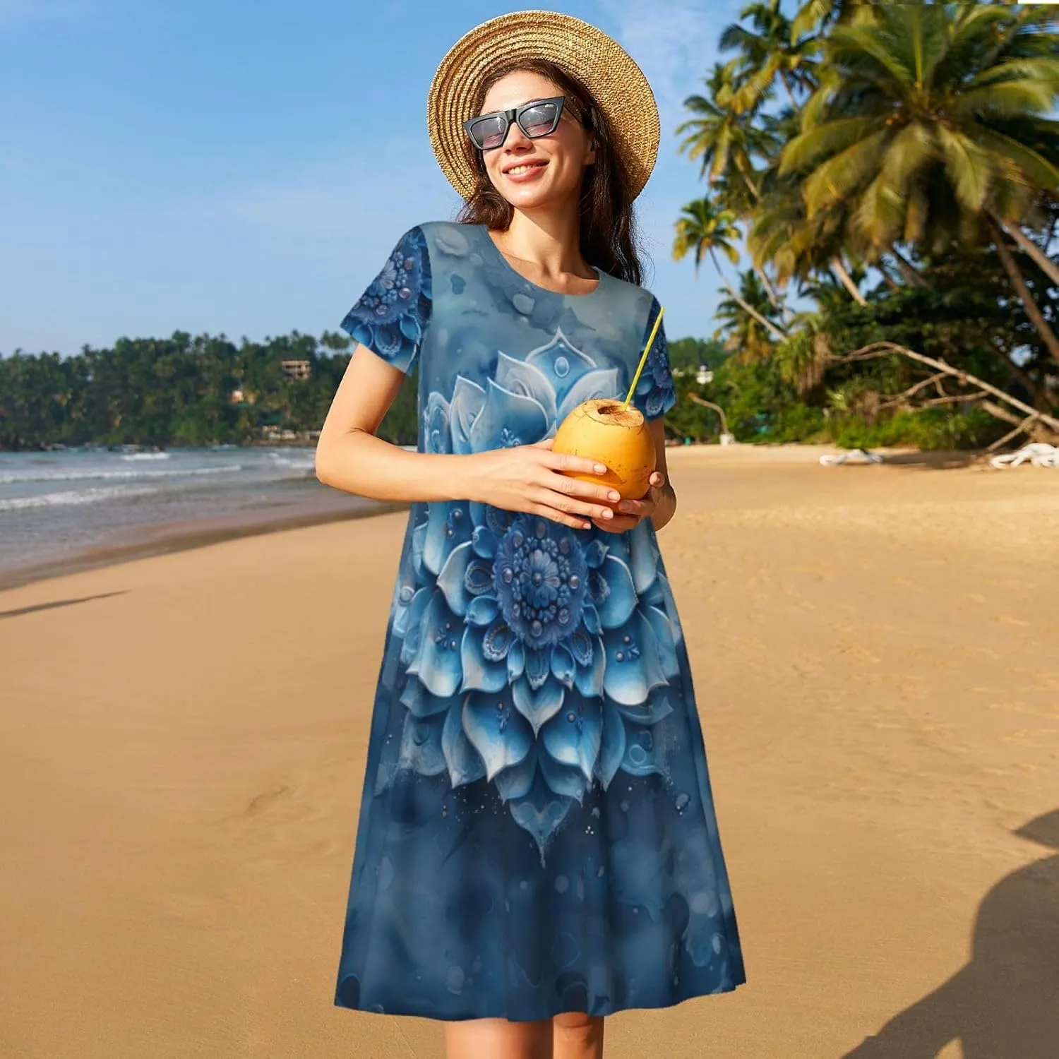 Women's Short Sleeve Round Neck marbling Print A-Line Summer Casual Dress with Pockets,