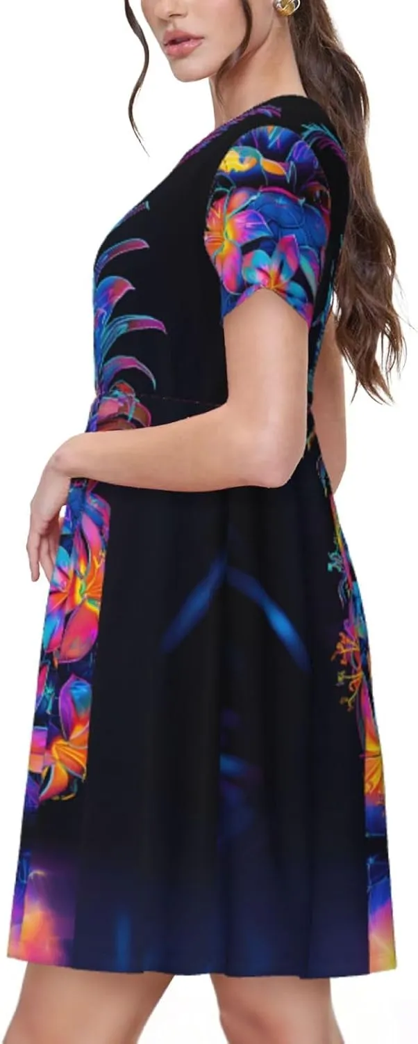 Women's Short Sleeve Round Neck marbling Print A-Line Summer Casual Dress with Pockets,