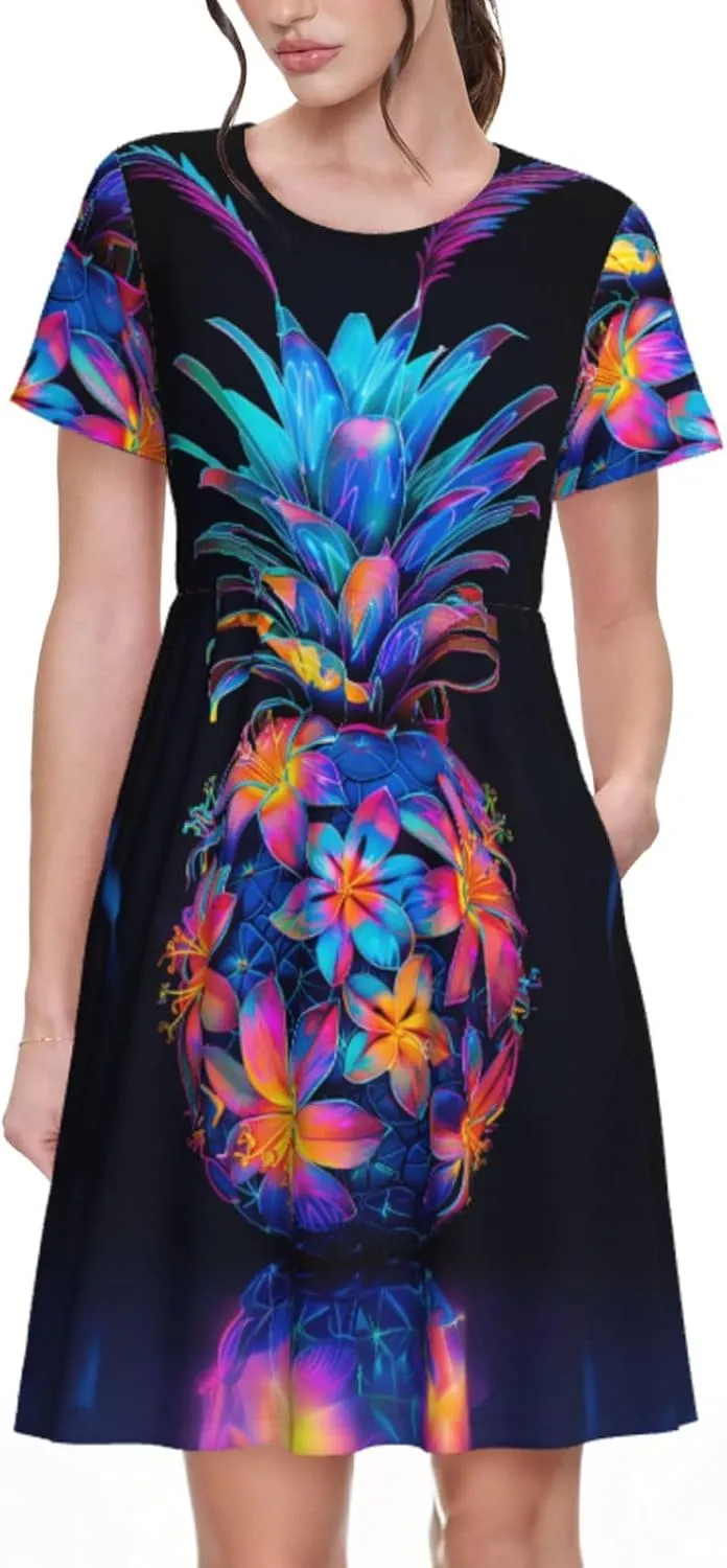 Women's Short Sleeve Round Neck marbling Print A-Line Summer Casual Dress with Pockets,