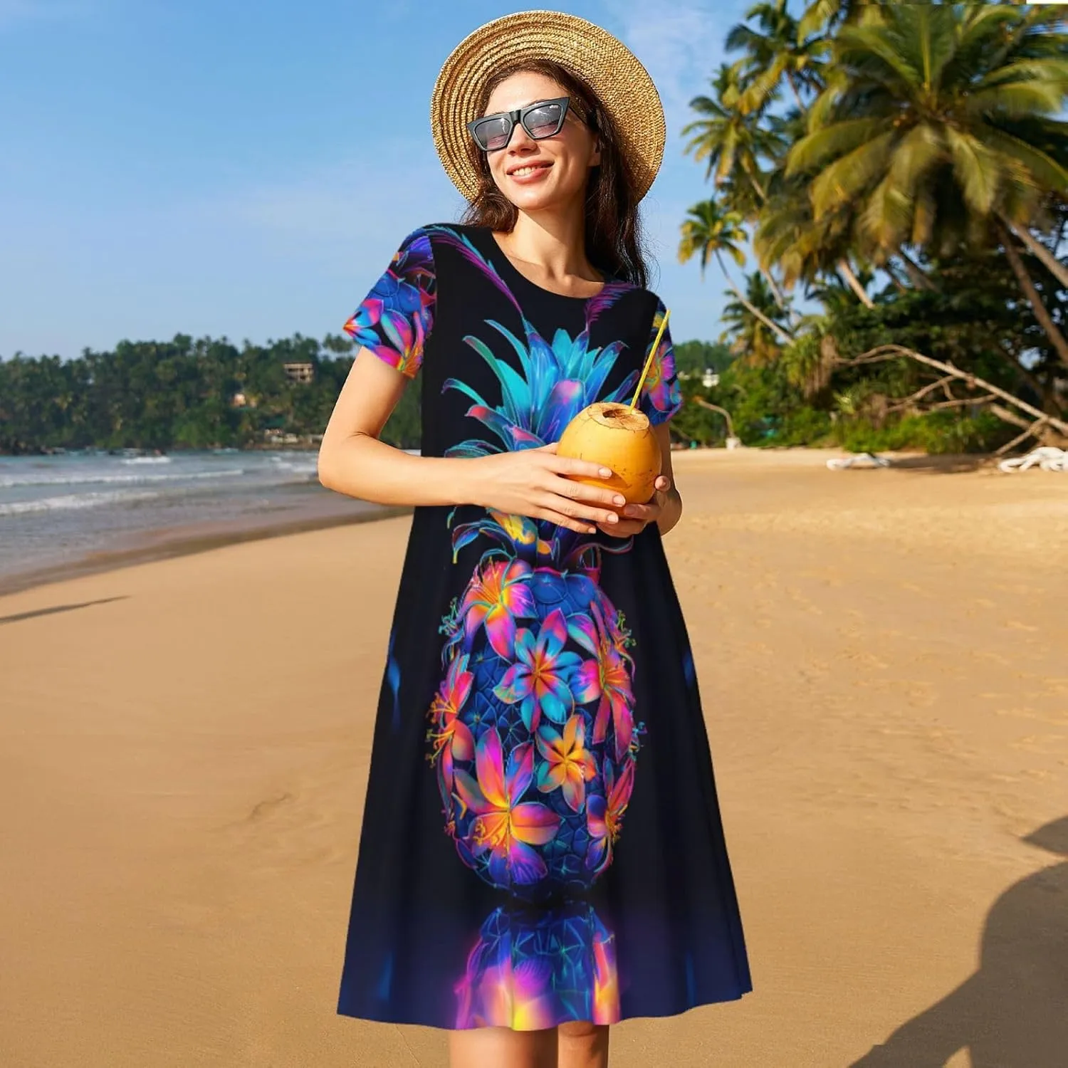 Women's Short Sleeve Round Neck marbling Print A-Line Summer Casual Dress with Pockets,